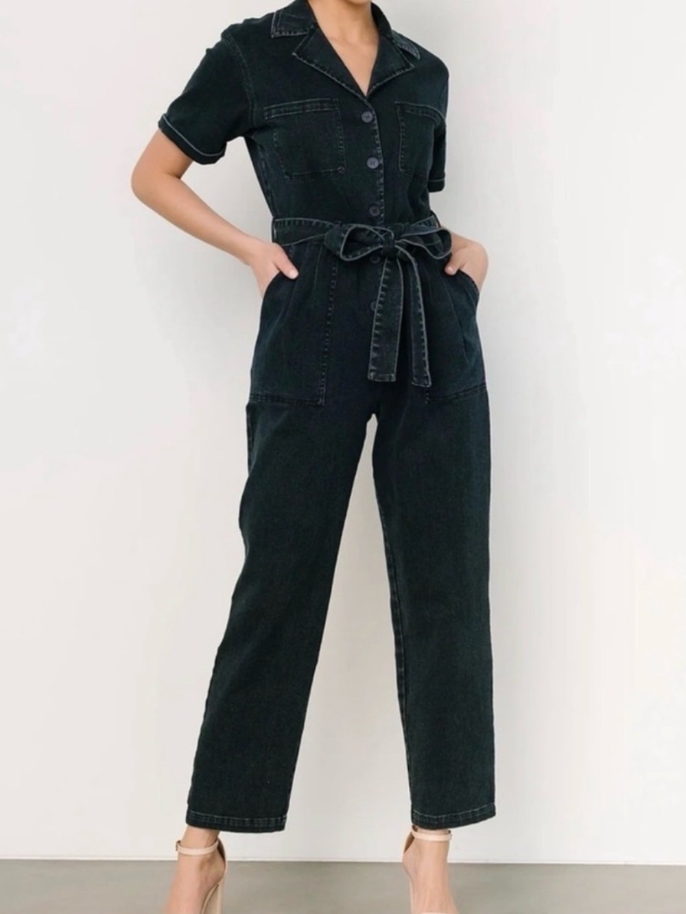 Baltic Born Black Denim Jumpsuit with Waist Tie